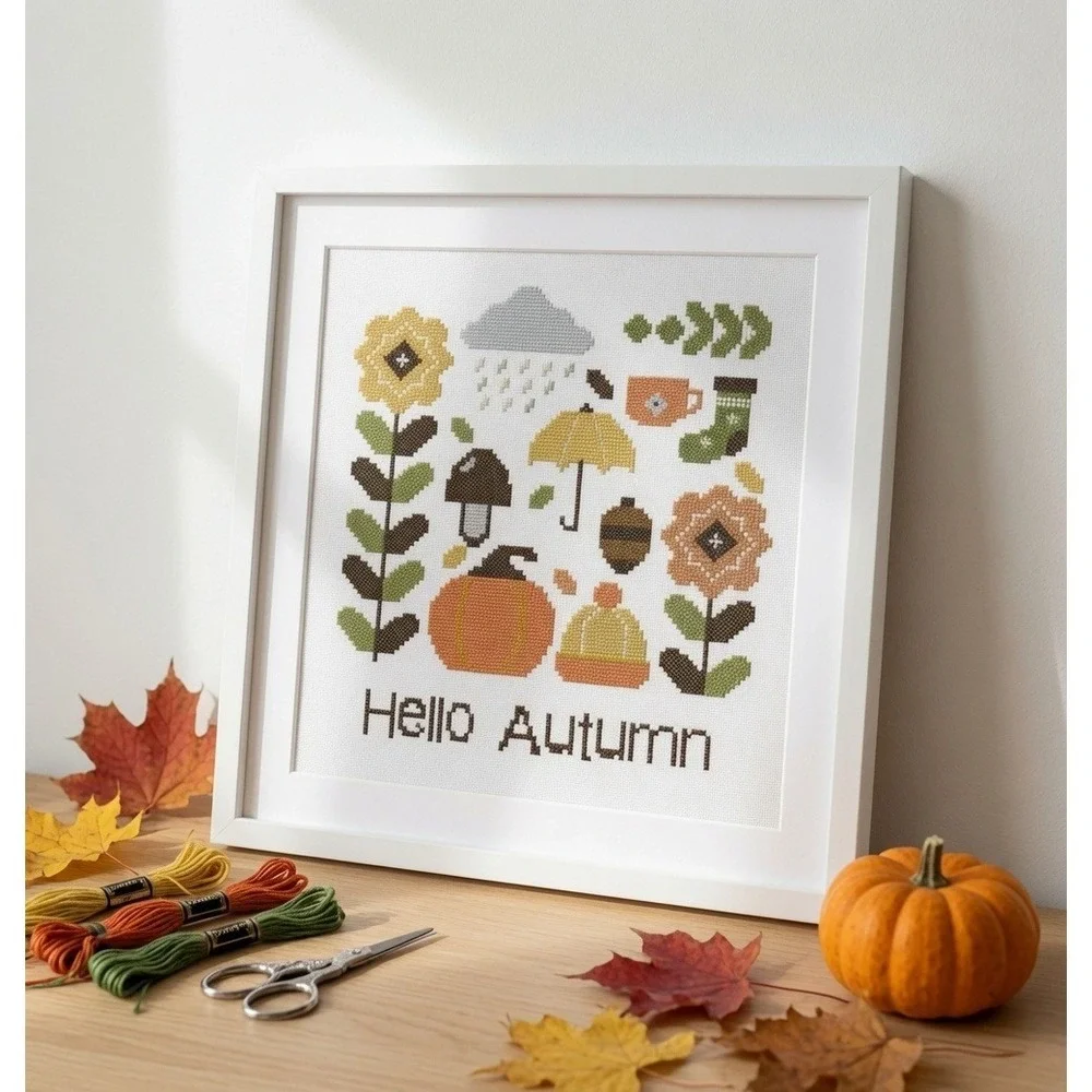 Hello Autumn Modern Cross Stitch Pattern Fall Sampler - Picture 4 of 5